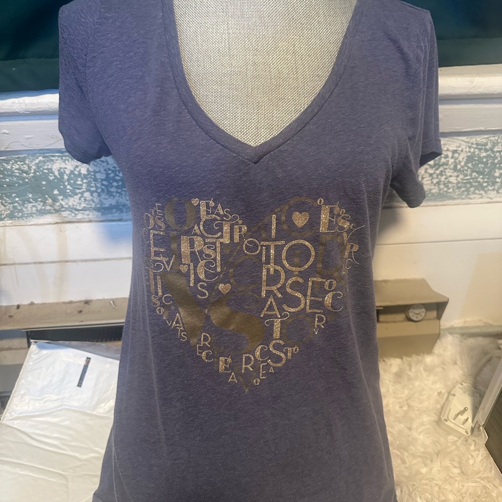 Victoria's Secret Blue V-Neck Tee with Metallic Gold Heart Graphic